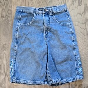 Vintage Y2K Radboyz Baggy Blue Flame Embroidered Denim Shorts Size 28
